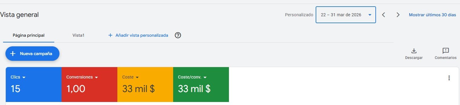 Panel de Google Ads mostrando 15 clicks, 1 conversión y 33 mil pesos de costo por conversión al inicio de la campaña